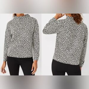 Ann Taylor Leopard Print Long Sleeve Mock Neck Top - black/white, L